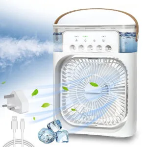 Portable Mini Air Cooler – USB-Powered Evaporative Cooling Fan with 3 Speeds, 60° Adjustable Angle, LED Light & Aromatherapy Option for Home, Office, and Travel.