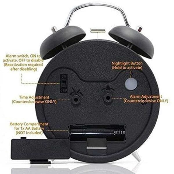 Table Alarm Clock, Metal Twin Bell Analog Display with Night LED light, Retro Look - Image 2