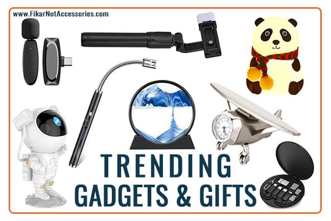 Collection of trending gadgets and unique gift items, including a panda night lamp, astronaut figure, magnetic phone holder, selfie stick, LED pen, airplane-shaped clock, and compact toolkit. Modern and innovative designs for all occasions. Featured text reads 'Trending Gadgets & Gifts' for Fikar Not Accessories.